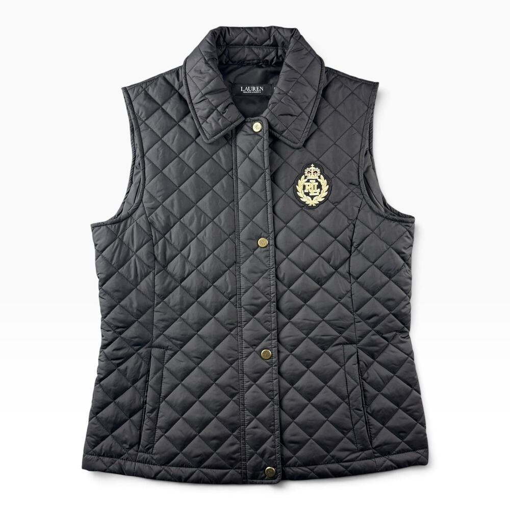 Lauren Ralph Lauren Womens S Black Quilted Vest Crest Logo Equestrian RLL